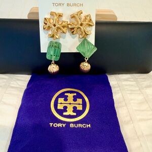 Tory Burch Gold and Green Drop Earrings